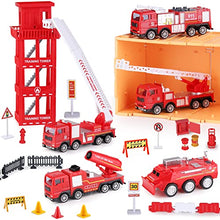 Load image into Gallery viewer, iPlay, iLearn Kids Fire Trucks Toy, Boys Firefighter Play Vehicles, Fire Station Set, Ladder Truck, Toddlers Emergency Rescue Firetruck, Fireman Toys, Birthday Gifts for Age 3 4 5 Year Old Children
