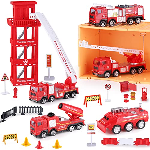 iPlay, iLearn Kids Fire Trucks Toy, Boys Firefighter Play Vehicles, Fire Station Set, Ladder Truck, Toddlers Emergency Rescue Firetruck, Fireman Toys, Birthday Gifts for Age 3 4 5 Year Old Children