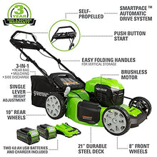 Load image into Gallery viewer, Greenworks 40V 21" Brushless (Smart Pace) Self-Propelled Lawn Mower, 2 x 4Ah USB (Power Bank) Batteries and Charger Included MO40L4413
