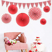Load image into Gallery viewer, Red and White Checkered Gingham Pennant Banner with Hanging Paper Fans Set for Picnic BBQ Birthday Wedding Party Decoration
