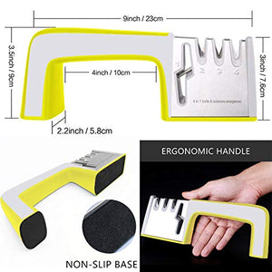 Knife Sharpener Kitchen Professional 4 In 1 Scissor Knife Sharpening Tool Chef's Best Choice Diamond, Tungsten Steel, Ceramic Stone, Non-Slip Base Professional Blades Sharpening Tools (yellow&gray)
