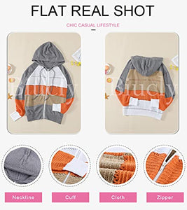 Biucly Womens Stripes Color Block Knit Sweater Zip Up Hoodies Long Sleeve Lightweight Drawstring Jacket Pullover Sweatshirts Sweaters Fall Winter,US 4-6(S),Grey