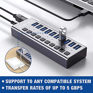 Powered USB Hub - ACASIS 10 Ports 48W USB 3.0 Data Hub - with Individual On/Off Switches and 12V/4A Power Adapter USB Hub 3.0 Splitter for Laptop, PC, Computer, Mobile HDD, Flash Drive and More