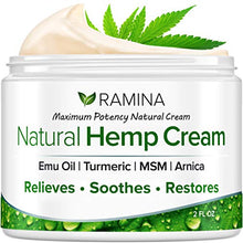 Load image into Gallery viewer, Ramina Natural Hemp Extract Pain Relief Cream - Made in USA - Potent Turmeric, MSM &amp; Arnica - Relieves Inflammation, Muscle, Joint, Back, Knee, Nerves &amp; Arthritis Pain - Non-GMO - 2 fl. oz
