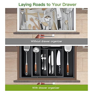 Bamboo Expandable Drawer Organizer for Utensils Holder, Adjustable Cutlery Tray, Wood Drawer Dividers Organizer for Silverware, Flatware, Knives in Kitchen, Bedroom, Living Room by Pipishell (Black)