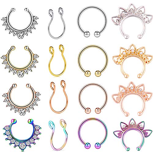 16pcs Fake Nose Rings Hoop Stainless Steel Faux Fake Lip Ear Nose Septum Ring Non-Pierced Clip On Nose Hoop Rings