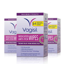 Load image into Gallery viewer, Vagisil Anti-Itch Medicated Feminine Intimate Wipes for Women, Maximum Strength, Gynecologist Tested, 12 Count, Pack of 3 (36 wipes total) (Packaging may vary)
