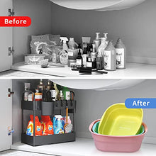 Load image into Gallery viewer, Under Sink Organizer, 2 Tier Under Sink Storage with Cleaning Brush 6 Hooks and 2 Hanging Cups, Waterproof Bathroom Organizer Under Sink for Kitchen,Bedroom,Cabinet,Cosmetics,Narrow Space
