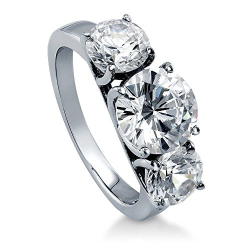 BERRICLE Rhodium Plated Sterling Silver Round Cubic Zirconia CZ 3-Stone Anniversary Engagement Ring 3.72 CTW Size 6.5