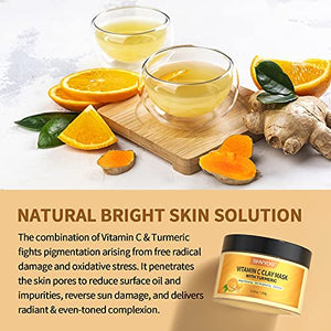 Turmeric Vitamin C Clay Mask, SHVYOG Vitamin C Clay Facial Mask with Kaolin Clay and Turmeric for Dark Spots, Turmeric Facial Mask Skin Care Mask for Controlling Acne, Oil and Refining Pores