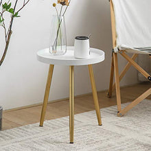 Load image into Gallery viewer, HuiDao Round Side Table Wooden Tray Table with Metal Tripod Stand Nightstand Coffee Table End Table for Living Room Bedroom Office Small Spaces, 18" H x 15”D (White &amp; Gold)
