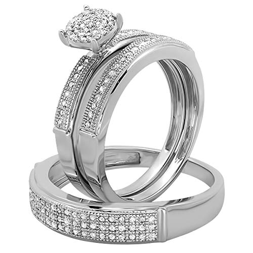 Dazzlingrock Collection 0.48 Carat (ctw) Round White Diamond Men's and Women's Engagement Ring Trio Bridal Set, Sterling Silver