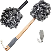 Load image into Gallery viewer, Toem Loofah Back Scrubber For Shower | Bamboo Charcoal Fiber Infused | Bath Sponge | Lufas For Men &amp; Women | Includes 1 Long Handled Shower Sponge, 1 Bath &amp; Shower Luffa Pouf &amp; 1 Hook To Hang Stuff
