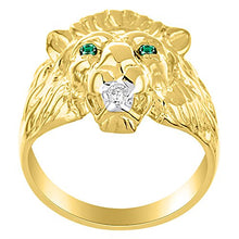 Load image into Gallery viewer, Amazing Conversation Starter Genuine Natural Diamond &amp; Gorgeous Green Emerald Lion Head Ring in 14K Yellow Gold
