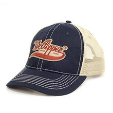 Load image into Gallery viewer, Tee Luv Drink Dr Pepper Hat | Vintage Trucker Style hat | Snap Back Closure | Medium Crown Navy, Beige
