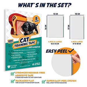 Panther Armor Cat Scratch Deterrent Tape – 8(Eight)-Pack – Double Sided Anti Cats Scratching Sticky Tape – 4-Pack XL 16”L 12”W + 4-Pack Large 17”L 10”W Furniture Protectors – Clear Training Tape
