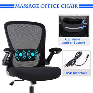 Office Chair Ergonomic Desk Chair Mesh Computer Chair Swivel Rolling Mid Back Task Chair with Lumbar Support Flip-up Arms Massage Adjustable Chair for Women Adults(Black)