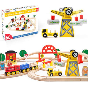 60 Pcs Crane Train Set-Wooden Tracks & Exclusive Crane & Trains- Fits Thomas, Chuggington, Melissa- Gift Packed Toy Railway Kits- Kids Friendly Building Toy for 3+ Years Old Girls & Boys