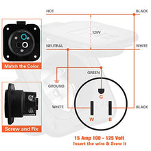 Load image into Gallery viewer, WELLUCK 15 Amp Flanged Inlet 125V, NEMA 5-15 RV Shore Power Inlet Plug w/Waterproof and Back Cover, 2 Pole 3-Wire AC Port Plug, Generator Male Receptacle for Marine Boat RV Shed Electrical Extension
