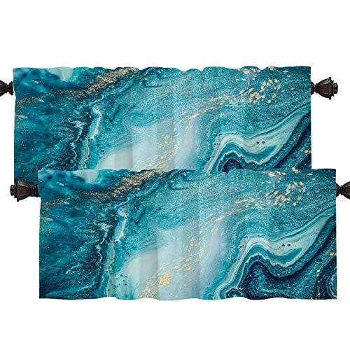 Batmerry Abstract Art Marble Agate Kitchen Valances Half Window Curtain, Abstract Painting in Blue Green Design Kitchen Valances for Windows Valance for Decor Reducing The Light 52x18 Inch
