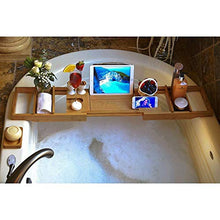 Load image into Gallery viewer, Wine Rack H Luxury Bamboo Bathtub Caddy Bath Tub Tray with Extending Sides Built in Book Tablet Holder Cellphone Tray &amp; Integrated Wineglass Holder and Other Accessories Placement

