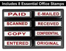 Load image into Gallery viewer, ExcelMark Mini Office Message Rubber Stamp Set - Red Ink - Storage Tray Included
