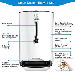 WOPET SmartFeeder,Automatic Pet Dog and Cat Feeder,6-Meal Auto Pet Feeder with Timer Programmable,HD Camera for Voice and Video Recording,Wi-Fi Enabled App for iPhone and Android