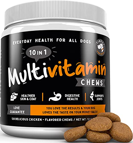 10 in 1 Multivitamin Chew Treats for Dogs. 20 Healthy Actives: Glucosamine, Chondroitin & Turmeric for Joint Support, Omega Fish Oil for Skin, Pumpkin & Cranberry for Gut & Immune Health.120ct 