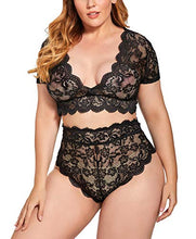 Load image into Gallery viewer, Plus Size 2 Piece Lingerie Set for Women Sexy Deep V Allover Lace Bra and Panty High Waist Nightwear Clubwear (T005,Black,2XL)
