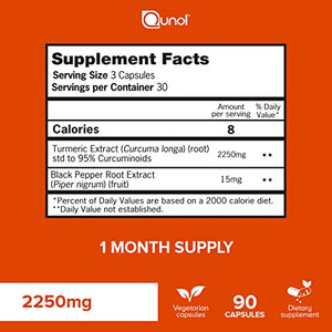 Turmeric Curcumin with Black Pepper, Qunol 2250mg Turmeric Extract with 95% Curcuminoids, Extra Strength Supplement, Enhanced Absorption, Supports Healthy Inflammation Response, 90 Vegetarian Capsules
