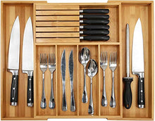 Load image into Gallery viewer, Bamboo Silverware Drawer Organizer Kitchen, Expandable Utensil Holder and Cutlery Tray with Divider | 13"-21.6" Flatware Storage and Removable Knife Block
