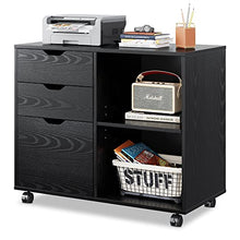 Load image into Gallery viewer, DEVAISE 3-Drawer Wood File Cabinet, Mobile Lateral Filing Cabinet, Printer Stand with Open Storage Shelves for Home Office, Black
