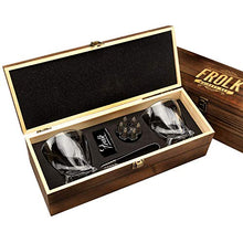 Load image into Gallery viewer, Whiskey Bullet Stones Premium Gift Set By Frolk, Set Of 6 Extra Large Stainless Steel Whiskey Stones, 2 Large Twisted Whiskey Glasses (11 oz), Freezer Base, Velvet Pouch &amp; Tongs In Novelty Wooden Box
