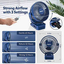 Load image into Gallery viewer, Clip on Fan 65 Hours Portable Desk Fan Rechargeable with LED Lights &amp; Hooks 11800 Capacity Battery Operated Fan with Clips Small Desk Fan Mini Fans for Tents Travel Outdoor Camping Golf Cart Emergency
