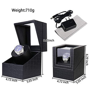 Automatic Single Watch Winder in Wood Shell and Black Leather, Japanese Quiet Motor (PU crocodile skin)