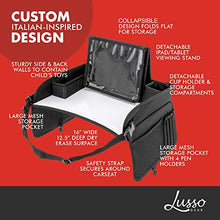 Load image into Gallery viewer, Lusso Gear: Kids Travel Tray with Dry Erase Board, No-Drop Tablet Holder, Lap Desk for Traveling with Cup Holder, Snack and Toy Storage Pockets, Fits Airplane and Booster Seats (Black)
