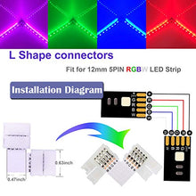 Load image into Gallery viewer, FSJEE 12MM 5PIN RGBW LED Strip Connector Kit with 16.4FT Extension Cable,4PCS Gapless Connectors,5 pin Male Connector Wire Cable,L-Shape Connectors,Strip to Strip Jumpers for 5050 RGBW LED Strip Light
