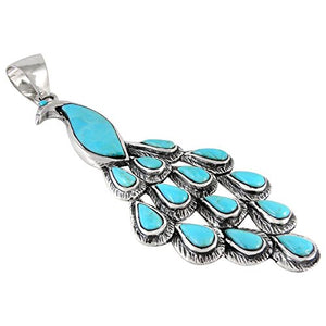 Peacock in Turquoise Pendant Necklace 925 Sterling Silver & Genuine Turquoise 20" (Turquoise)