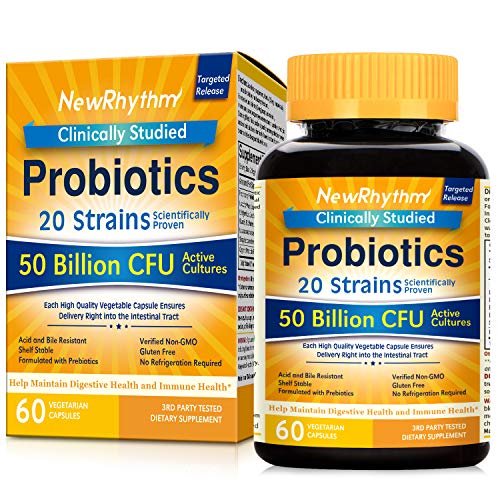 NewRhythm Probiotics 50 Billion CFU 20 Strains, 60 Veggie Capsules, Targeted Release Technology, Stomach Acid Resistant, No Need for Refrigeration, Non-GMO, Gluten Free