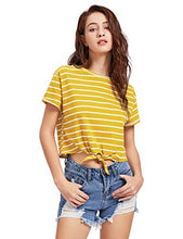 Load image into Gallery viewer, ROMWE Women's Knot Front Long Sleeve Striped Crop Top Tee T-shirt, Yellow &amp; White, Small / US 0-2

