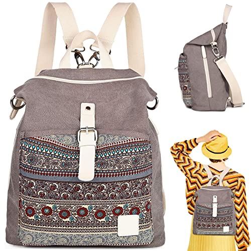 Load image into Gallery viewer, Womens Backpack Purse Canvas Purse 3-Way Crossbody Bag Boho Shoulder Tote Bags Girls (Grey - bohemian)