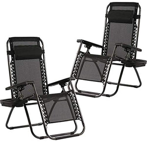 Zero Gravity Chairs Case of (2) Black Lounge Patio Chairs Outdoor Yard Beach with Cup Holders (Black)