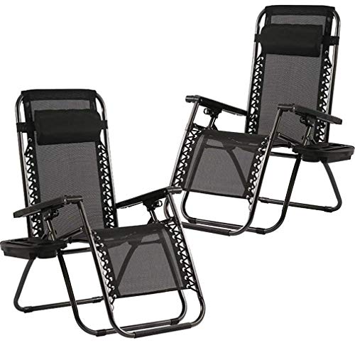 Zero Gravity Chairs Case of (2) Black Lounge Patio Chairs Outdoor Yard Beach with Cup Holders (Black)