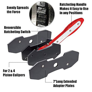 JOJOY LUX Brake Caliper Press Tool, 360 Degree Swing Ratchet Expander Wrench Car Wheel Piston Spreader with Extra 2PCS Large Plates for Single Twin Quad Sextuplet Piston Disc Brake Caliper