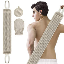 Load image into Gallery viewer, Suntee Exfoliating Back Scrubber for Shower, 3 PCS Loofah Back Scrubber with Exfoliating Glove and Sponge Pad Set, Long Deep Clean Back Washer Bath Shower Scrubber for Men and Women (36.5*4.5 inch)

