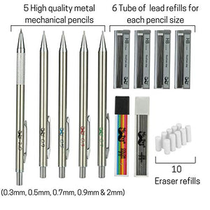 Mr. Pen- Metal Mechanical Pencil Set with Lead and Eraser Refills, 5 Sizes, 0.3, 0.5, 0.7, 0.9, 2mm, Drafting, Sketching, Architecture, Drawing Mechanical Pencils, Metal Mechanical Pencils