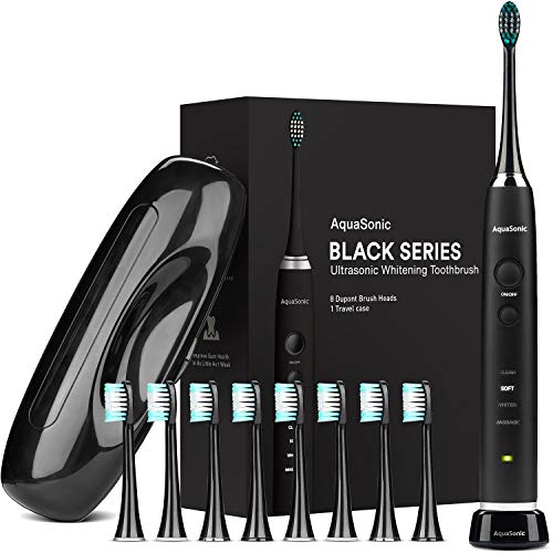 AquaSonic Black Series Ultra Whitening Toothbrush - 8 DuPont Brush Heads & Travel Case Included - Ultra Sonic 40,000 VPM Motor & Wireless Charging - 4 Modes w Smart Timer - Modern Electric Toothbrush