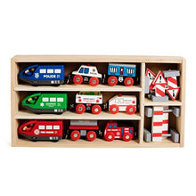 Load image into Gallery viewer, On Track USA Wooden Train Set Battery Operated Action Rescue Trains Includes 3 Magnetic Motorized Engines and 6 Cars, Compatible with Wooden Train Tracks From All Major Brands (Batteries Not Included)
