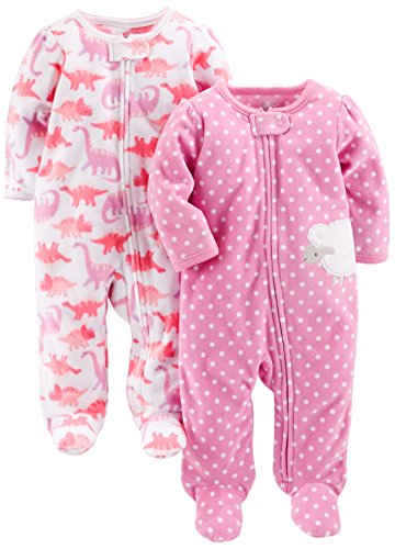 Simple Joys by Carter's Baby Girls' 2-Pack Fleece Footed Sleep and Play, Dino/Lambs, 0-3 Months