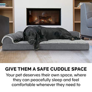 Furhaven Pet Dog Bed - Deluxe Orthopedic Two-Tone Plush and Suede L Shaped Chaise Lounge Living Room Corner Couch Pet Bed with Removable Cover for Dogs and Cats, Stone Gray, Jumbo